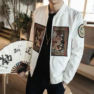 Mens Autumn Bomber Jacket: Chinese Dragon Embroidery, Casual