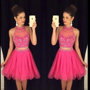 Dydsz Women's 2 Piece Short Prom Dress - A-Line Tulle Cocktail Gown With Beaded Lace, Keyhole Back, Pink, Size 6