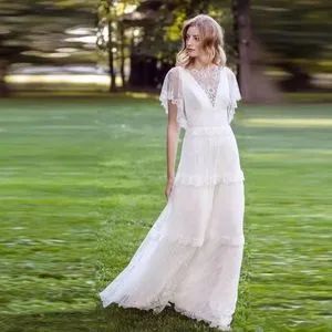 Boho Boho Lace wedding dress Fall 2018 - Elegant A-Line with Sheer Bell Sleeves, Ruffles, and Flowy Lace - Short and Sweep Train - Bridal Gown Boho Boho Lace wedding dress Fall 2018 - Elegant A-Line with Sheer Bell Sleeves, Ruffles, and Flowy Lace - Short and Sweep Train - Bridal Gown