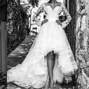 wedding dress short front long back Sweetheart Garden Beach fall Wedding gowns: Modest High-Low Wedding Goss with Long Sleeves, Short Front Back, and Tulle Sash