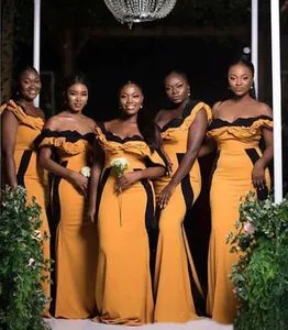 Gold and Black Off-Shoulder Mermaid yellow satin bridesmaid dresses with Ruffles - Perfect for Weddings and Special Occasions - Customizable Plus Size