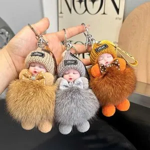 Luxury Real Fox Fur Baby Doll Keychain with Silver-Plated Round