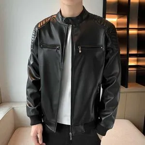 DHgate.com:Mens Solid Color Leather Jacket with Vertical