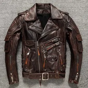 ジャケット・アウター Vintage real leather jacket Mens Biker Vintage Antique Brown Cafe Racer Real Leather