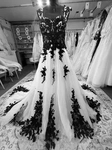 Black and White Lace Applique a line wedding dress with Sweetheart Neckline and Sleeveless - Perfect for Boho Gothic Weddings