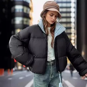 Womens Short Puffer Jacket Warm Cotton Blend, Casual Winter