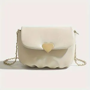 Womens Mini Chain Shoulder Bag with Ruched Design and Heart