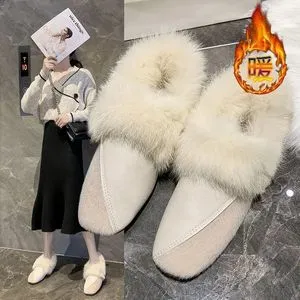 Winter Patch Work Square Toe Hairy Leather Shoes For Women Fluffy