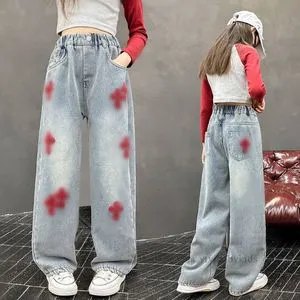パンツ Enewd nina flower embroidery pants Little Girl's Jeans Flower Embroidery Denim Pants Elastic