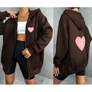 Y2K Heart Graphic Zip Up Hoodie Vintage Autumn Winter Sweatshirt