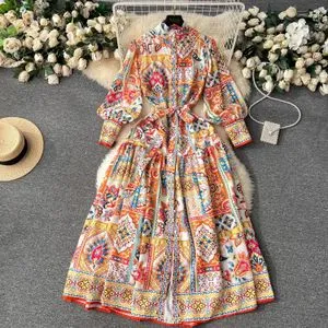 【I AM MARI】Heidi Janflower Shirring Chiffon Long One Piece Colorblock Flower Chiffon Maxi white dress with Long Lantern