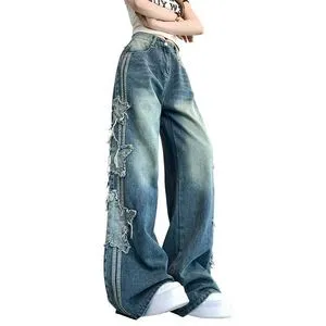 Y2K Star Patchwork Jeans - Womens High Waist Ripped Wide Leg