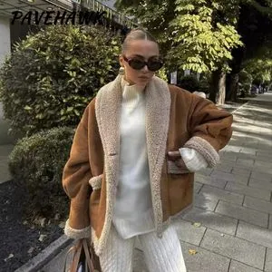 Women Lamb Fur Lapel Loose Jackets Long Sleeve Singlebreasted