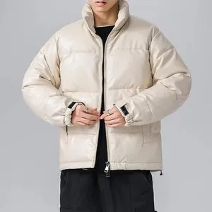 Mens Pu Leather Padded Jacket - Warm Winter Hip Hop Round Neck