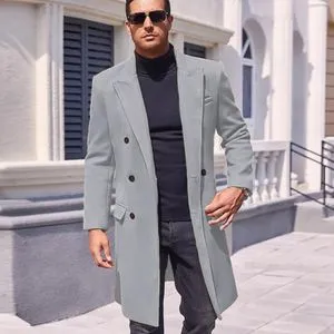 Premium Wool Blend Long Coat: Classic Double Breasted Jacket for