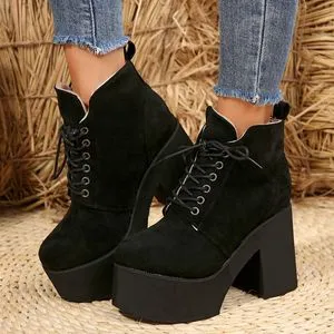 SAMMITOP Women's Ankle Boots – Round Toe Lace-Up Platform Heels, Black Suede, Size 13