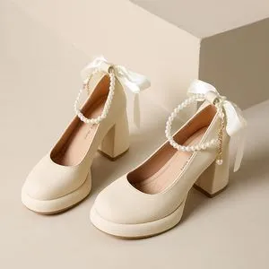 Mary Jane Pumps for Women with 9 cm Thick Square Heel, Pearl Bow