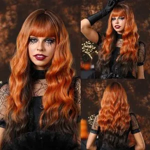 Synthetic Long Natural Wavy Orange Copper Ombre Black  display picture 1