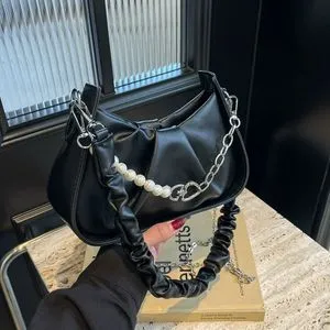 Leather Half Moon Bag: Chic PU Shoulder Bag With Pearl