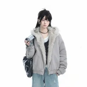 Y2K Women's Retro Fur Collar Hooded bomber jacket