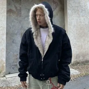 【DAIRIKU】 KOREAN Jacket with Fur Hoodie Korean Coat With Furry Hood | Korean Style – Korean Style Shop