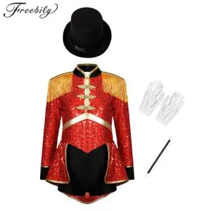 inhzoy Femme Déguisement Cirque Magicien Carnaval Veste avec Chapeau et Baguette Magique Gants Halloween Bleu Foncé S