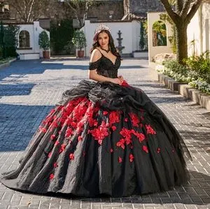 Black and Red Quinceaera Dress with Crystals, Beaded Straps, 3D Floral  Appliques from Dhgate Quinceanera Dresses - price 219.98