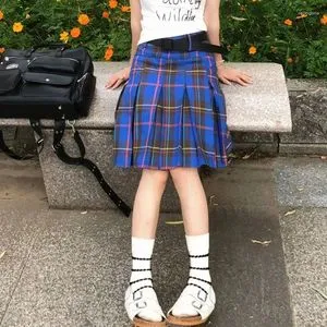 Blue Plaid Pleated Skirt - Korean Harajuku Y2K Style, High