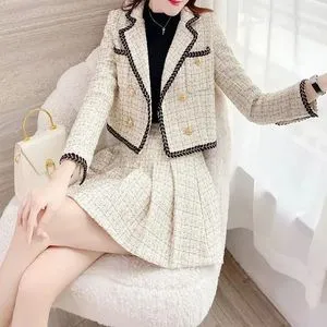 ODETTE BOA JACKET /SKIRTセット Tweed Ensemble Femme Vintage Collision Color Crop Blazer