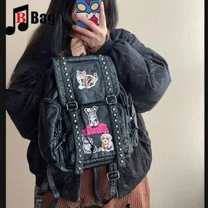 Y2K Gothic Womens Spicy Girls Punk Handbags Haruku Catskin Buckle