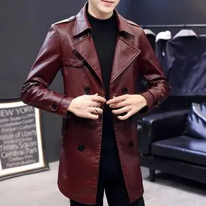 Retro Long Leather Jacket: Khaki & Wine Red - Oversized