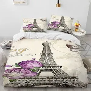 Eiffel Tower Bedding Set - Pink Cherry Blossom Paris Theme Comforter, Twin Size, 68x90 Inches, Decorative Duvet Insert With Pillowcase - View #4