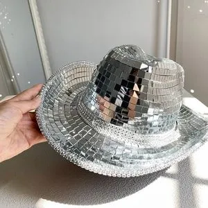 4588 Shiny Rhinestone Cowgirl Hat Bling Wide Brim Cowboy Party Classic Rhinestone Cowgirl Hat. Full Sheet + Rim on Brim Edge  main image 4
