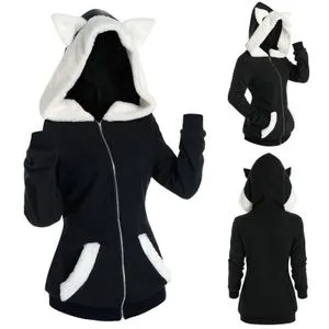 Womens Gothic Cat Ear Hoodie with Faux Fur Insert - Long Sleeve