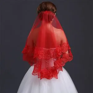 Red lace short single-layer wedding veil made of viscose fabric