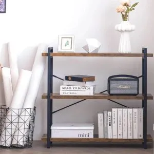 IBF Rustic 3 Tier Bookshelf - Industrial Wood & Metal Etagere, 63 Inch Wide, For Living Room, Office, Bedroom