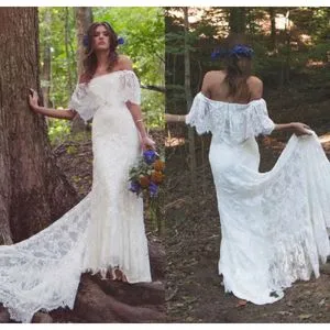 Bohemian Style Cotton Beach Wedding Dress Empire Lace Dress Vintage 1960s  White Crochet Lace Empire Waist