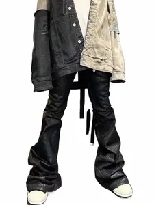 Black Waxed Leather Stretch Denim Jeans for Men Baggy Y2k Flare