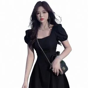 Womens Sweet Square Neck Puff Sleeve Slim Korean Dress from Womens Sweet Square Neck Puff Sleeve Slim Korean Dress from