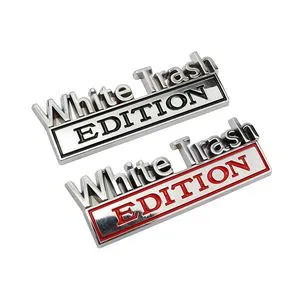 2Pcs Metal Chrome Black 'White Trash Edition' Car Emblem Badge – 3D Sticker Decal