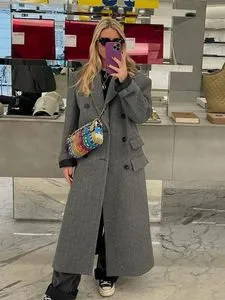 Premium Womens Double Breasted Long Wool Coat - Gray Oversized