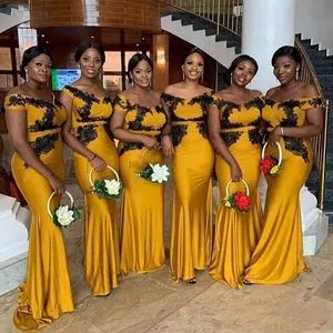 Gold Mermaid yellow Satin bridesmaid dresses with Black Lace Applique, Sleeveless Straps, Satin Fabric, Floor Length, Ruched Detailing - Customizable