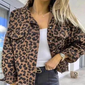 Womens Jackets Denim Coat Fall Vintage Furred Leopard Print