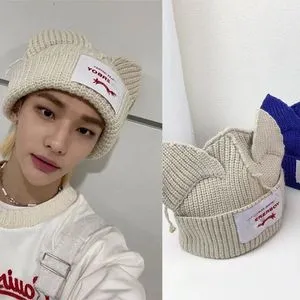 Wool Beanie Hat with Cat Ears Knitted Skull Cap for Men and Women