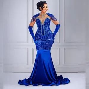 Lace Royal Blue And Gold Prom Dresses 2019 Gala Gown Off-Shoulder Mermaid  Floral Long Prom