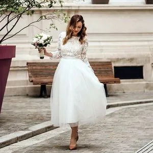chinese dress ladies Lemai Tulle Lace Tea Length Informal Beach Short Bridal Reception Wedding  Dresses Ivory US2 at Amazon Women's Clothing store