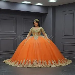 Orange Quinceanera Ball Gown Dress with Gold Appliques, V-Neck, Long  Sleeve, Floor-Length Tulle Sweet 16 Dress from Dhgate Quinceanera Dresses -  price 163.62