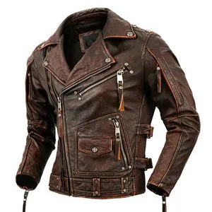 Mens Genuine Leather Motorcycle Jacket - Slim Fit, Stone Milled
