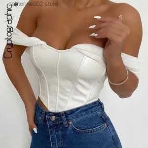 Cryptographic PU Leather Bustier Off-Shoulder Chiffon Corset