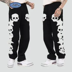 Skull Jeans 黒 ピーコート Printed skull jeans retro street straight black pants loose